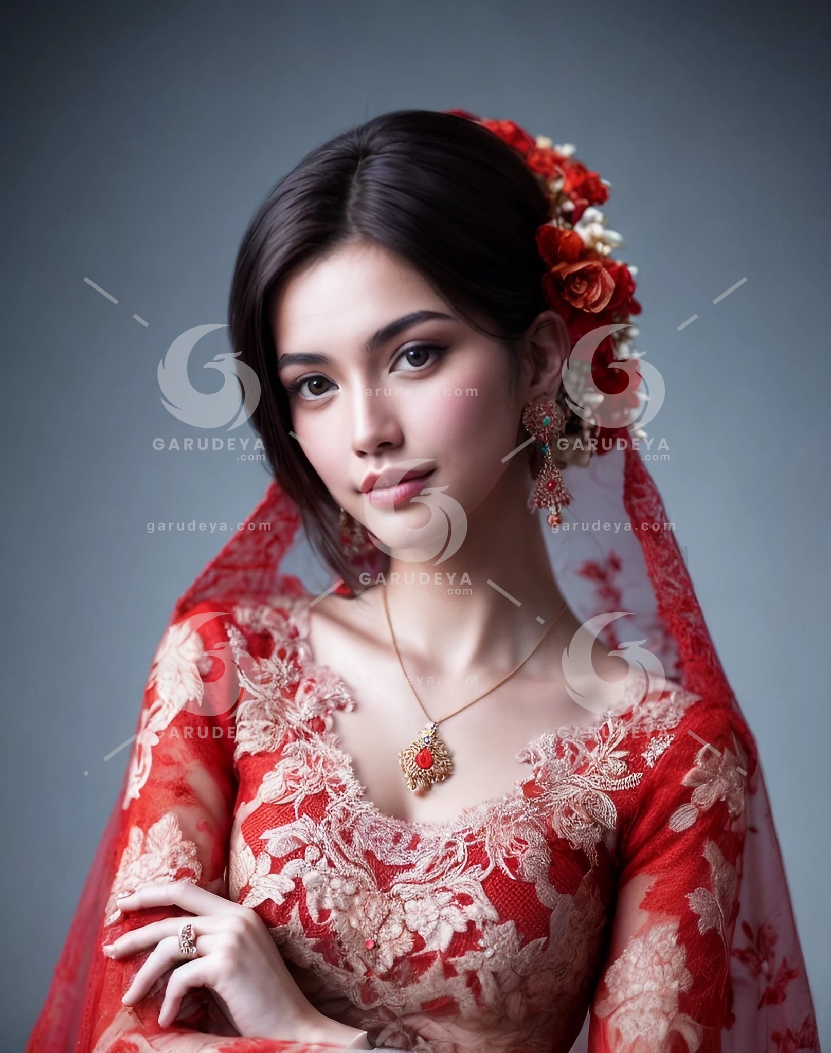 A beautiful young Indonesian girl dressed in a red lace dress kebaya-08989013