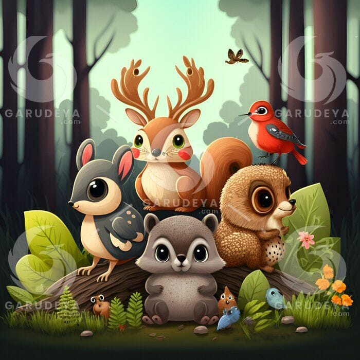 Cartoon animals with a forest theme