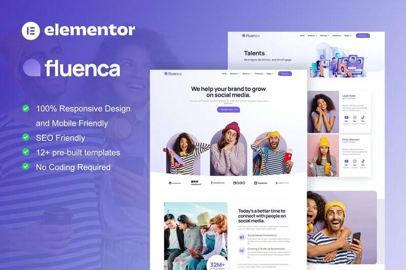 Fluenca - Social Media Agency Elementor Pro Full Site Template Kit