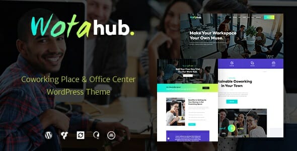 The WotaHub template designed for open space offices rental, workshops, colorful conference rooms, and creative spaces.