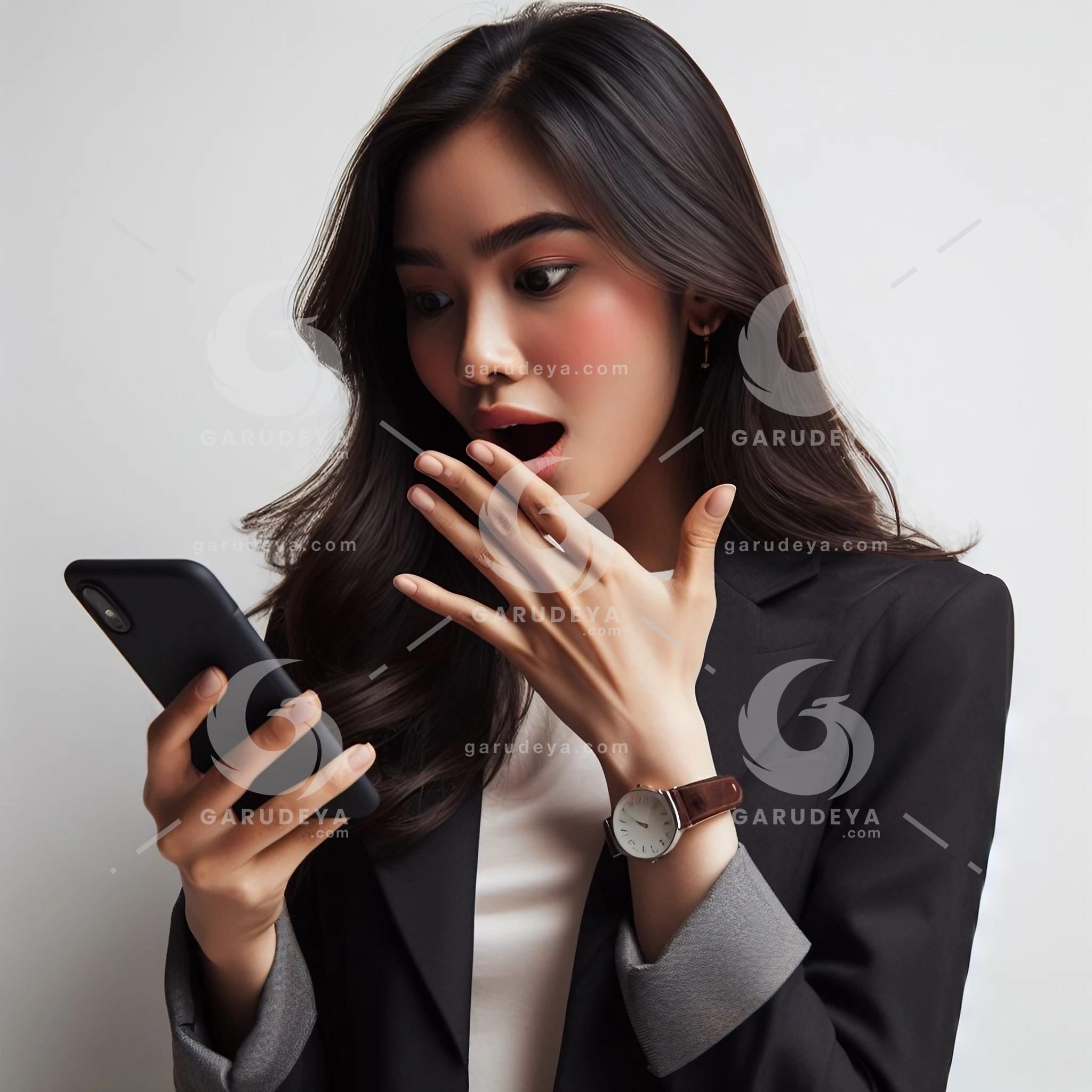 beautiful young Indonesian woman in formal clothes, looking at a cellphone screen with a shocked expression-093238