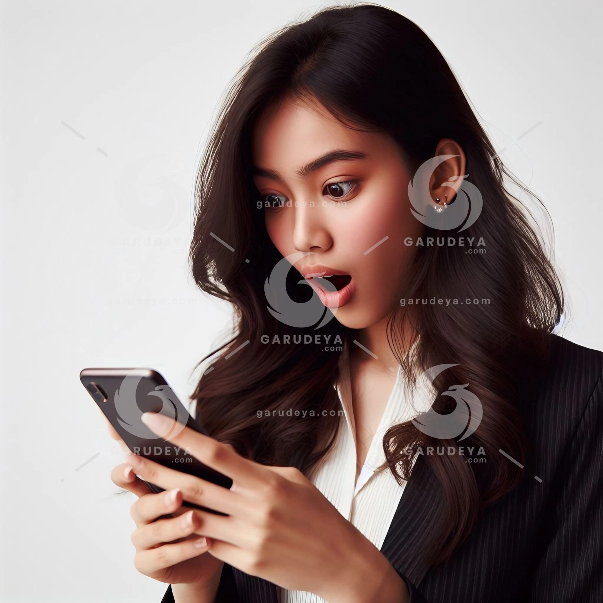 beautiful young Indonesian woman in formal clothes, looking at a cellphone screen with a shocked expression-749314