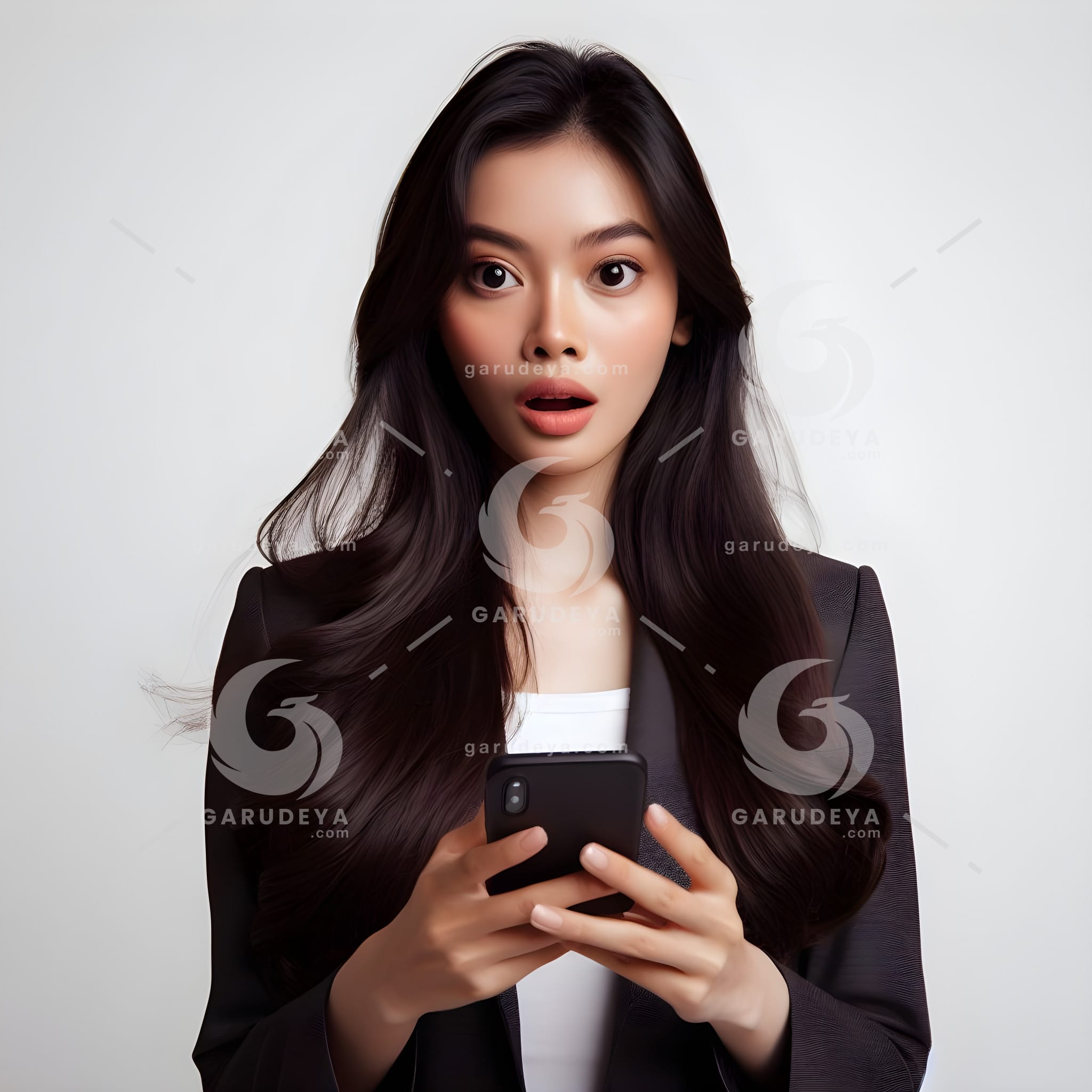 beautiful young Indonesian woman in formal clothes, looking at a cellphone screen with a surprised expression-085769977