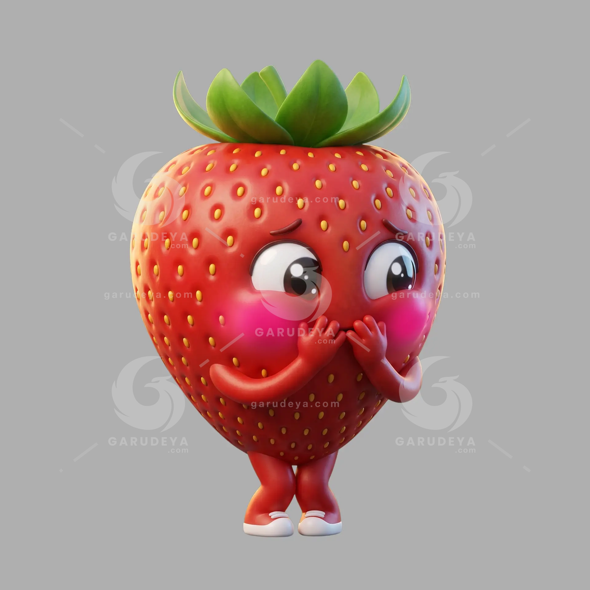 3D Food Character Shy Strawberry Blushing