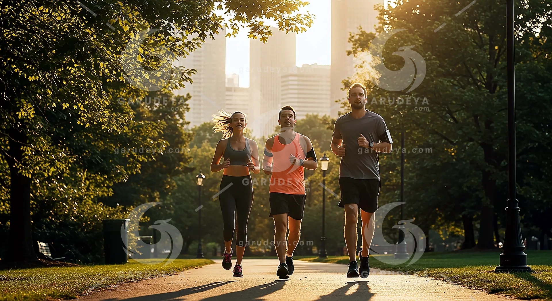 Active Lifestyle Friends Jogging Together in Urban Park at Sunrise
