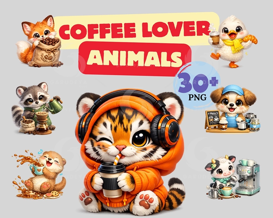 Coffee Lover Animals Clipart Bundle | Cute Kawaii Whimsical Animal | 36 PNG Transparent | Commercial Use