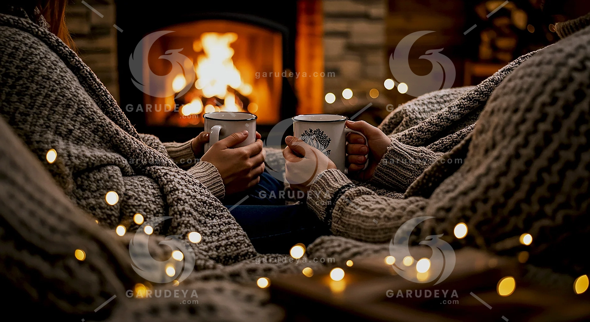 Cozy Winter Lifestyle with Couple Drinking Hot Chocolate by Fireplace