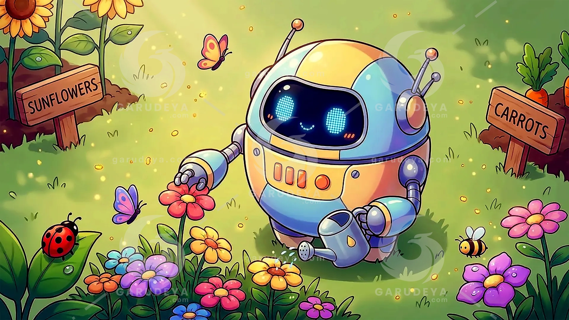 Cute Robot Garden Illustration - Robot Garden Art