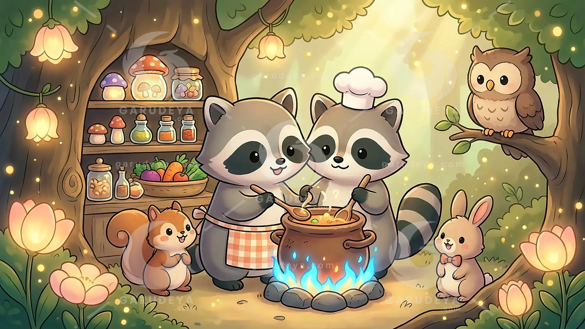 Forest Raccoon Illustration Cute Cooking Artwork