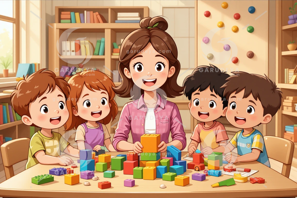 Fun Learning in a Preschool Classroom Cartoon Illustration