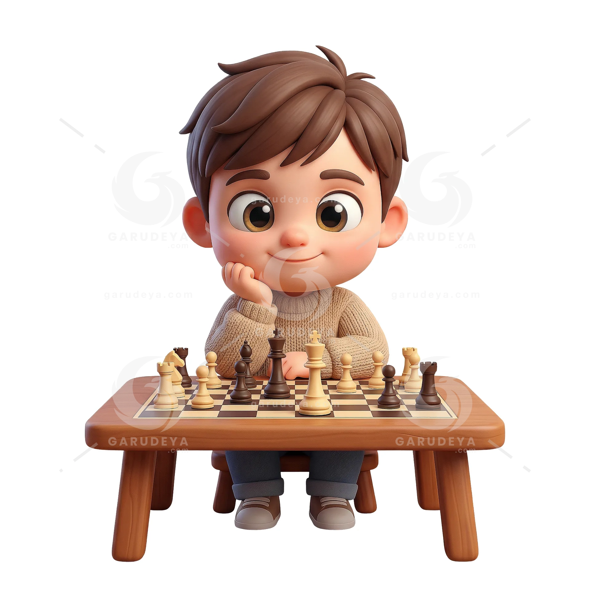 Kid Playing Chess Strategy - 3D Cartoon