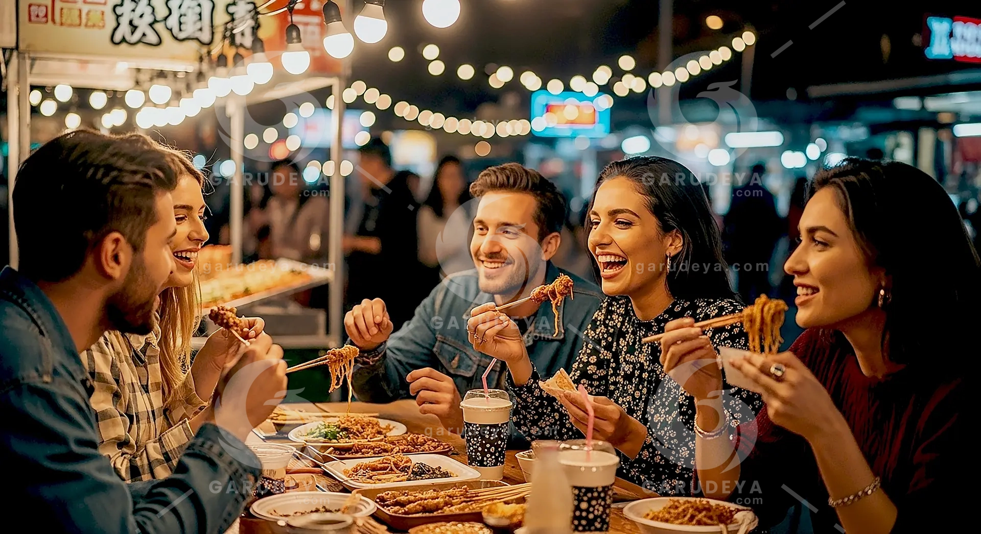 Lifestyle Friends Enjoying Street Food Together at Outdoor Night Market