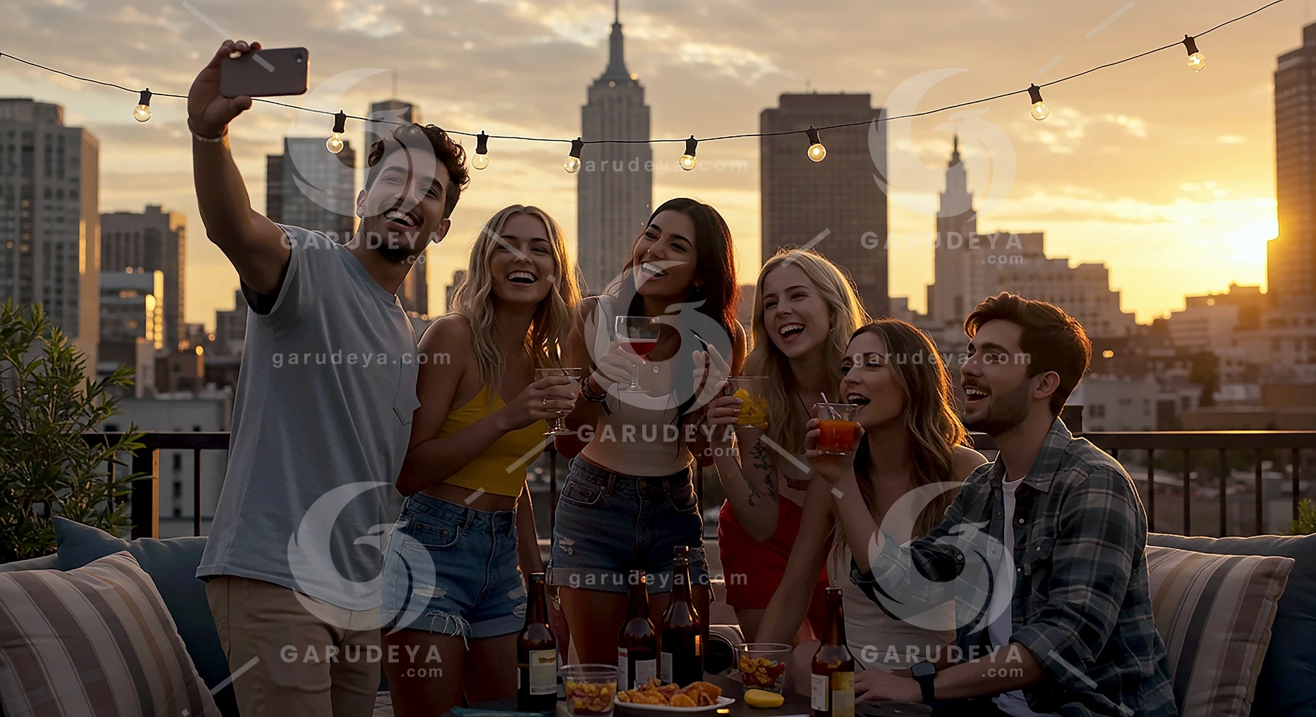 Lifestyle Friends Taking Selfies on Rooftop Party at Sunset