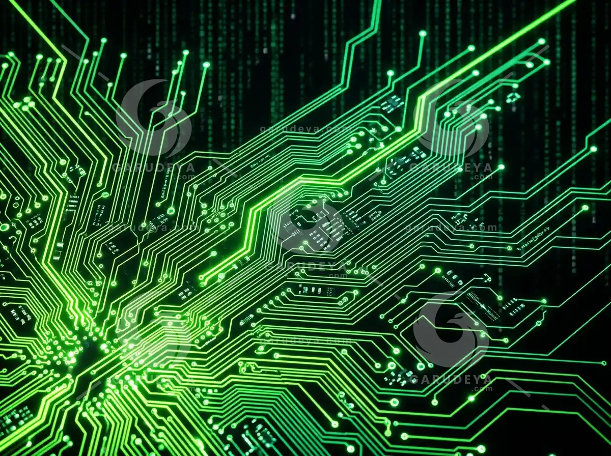 Neon Green Tech Circuit Pattern on Black Background