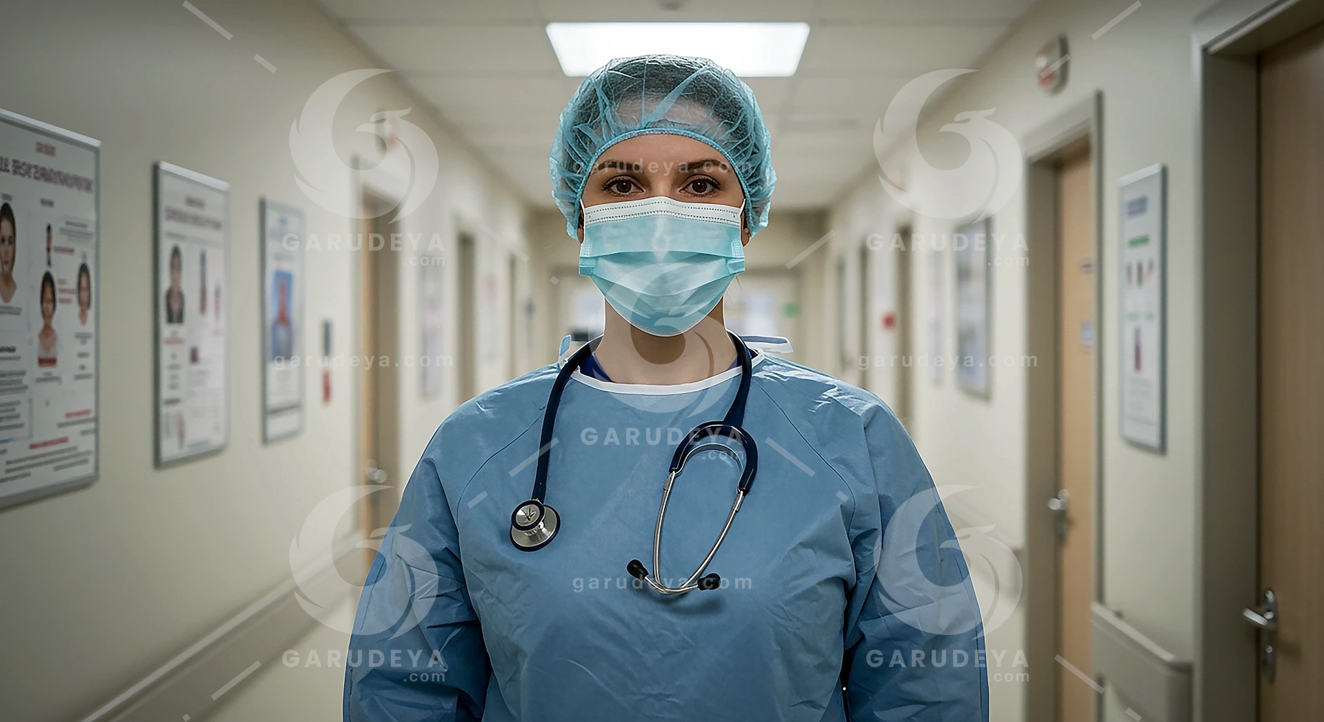 Nurse Wearing PPE in Hospital Corridor - Medical Stock Photo for Healthcare Safety