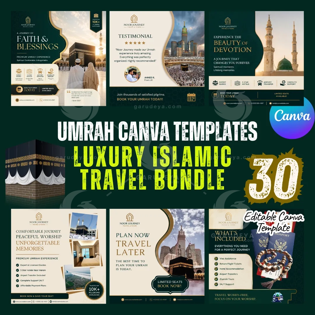 Umrah Canva Templates Luxury Islamic Travel Bundle (30 Editable Canva Template)