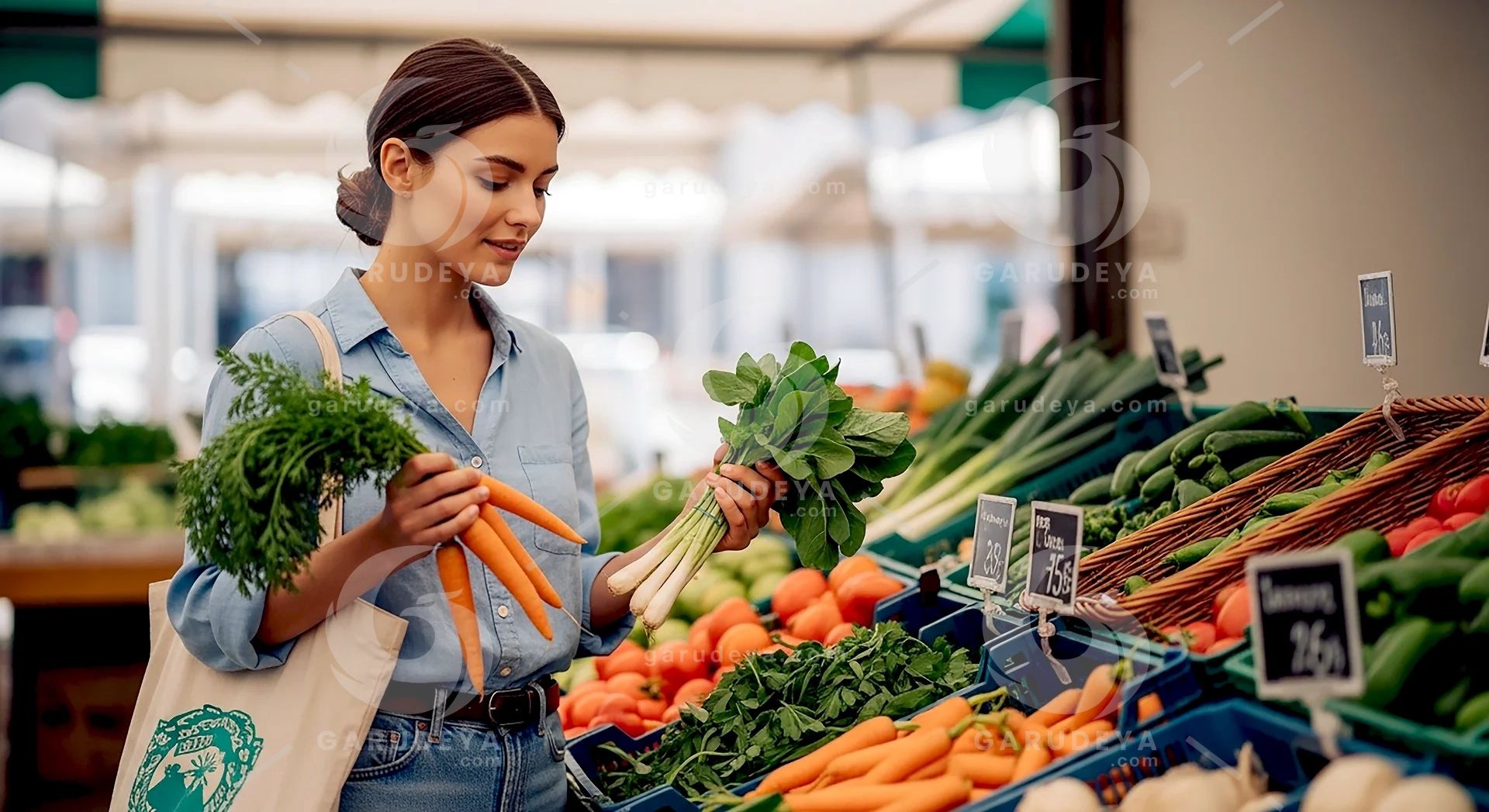Wellness Lifestyle Woman Choosing Fresh Vegetables in Market