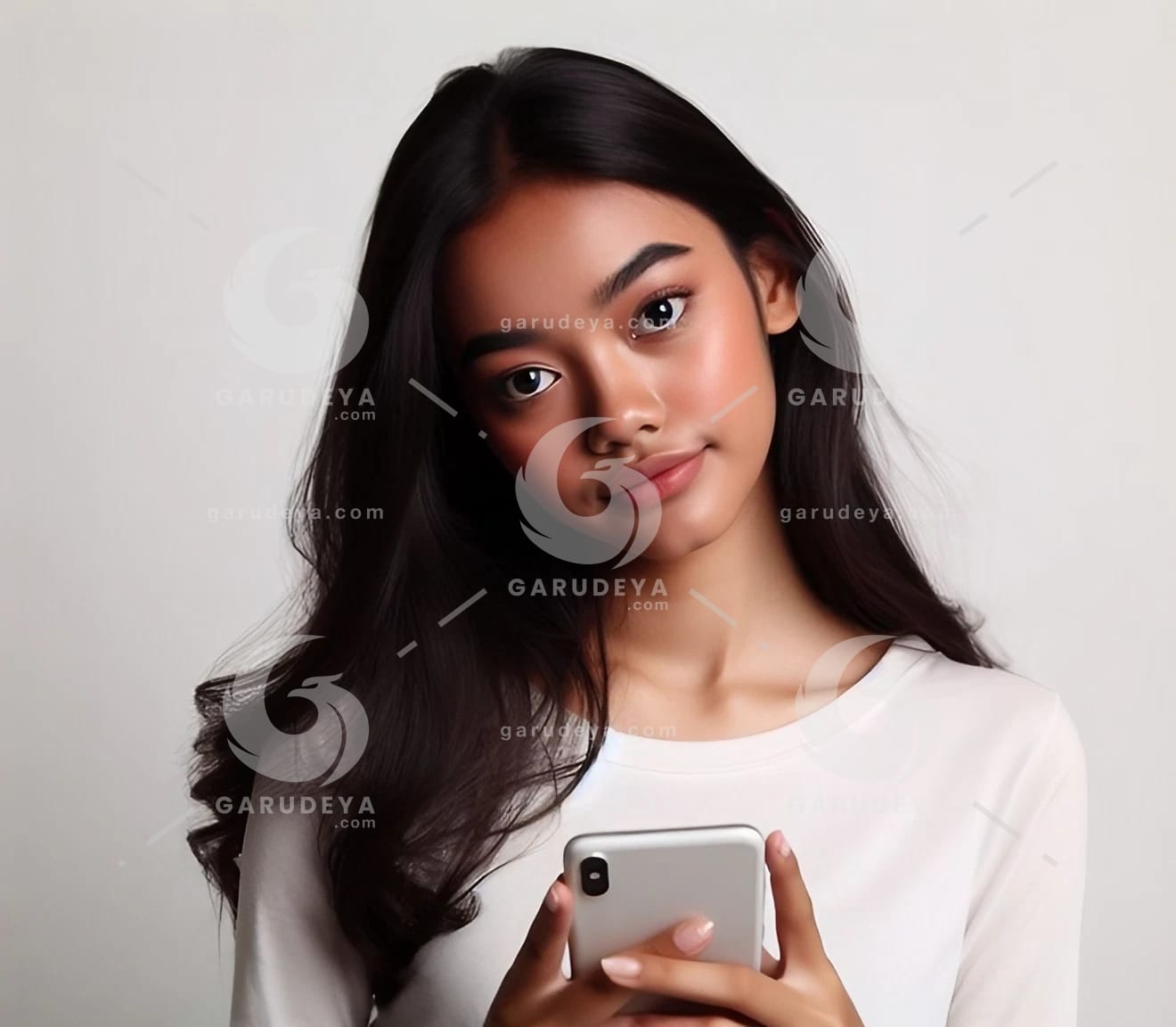 beautiful young Indonesian woman looking at a cellphone screen-621642